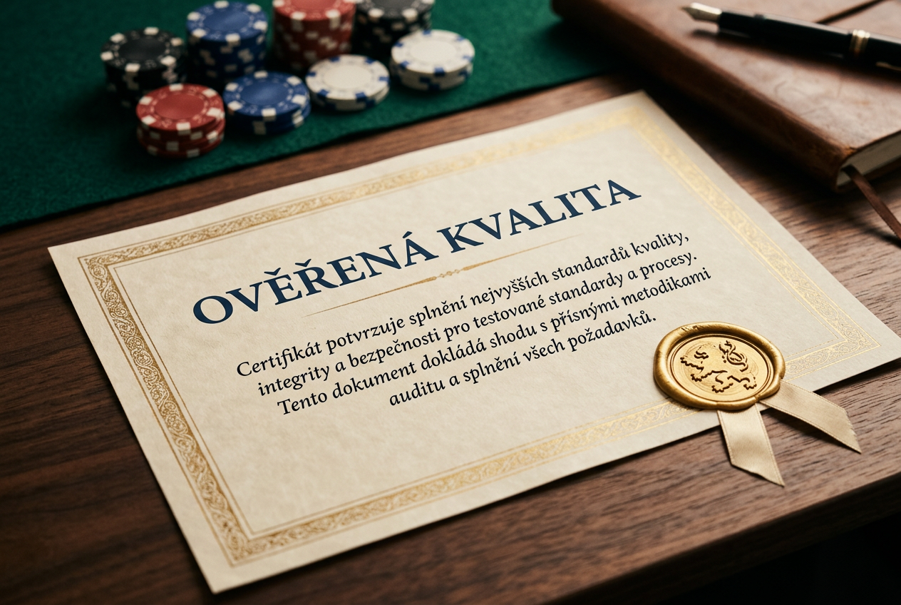 Detailní grafický prvek zobrazující certifikát kvality s pečetí na stole s kasinovými žetony